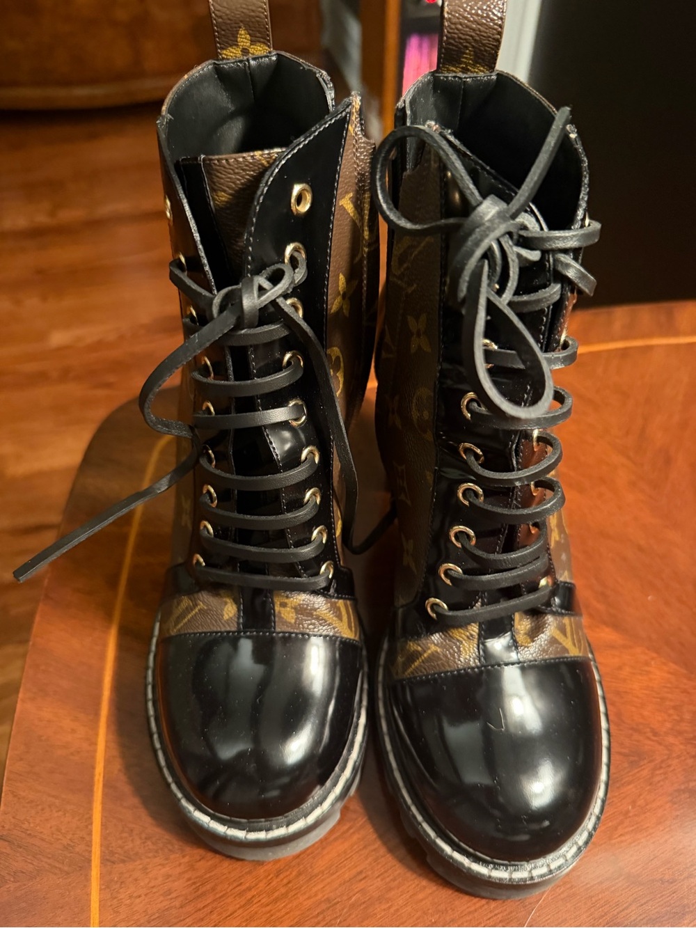 Louis Vuitton Monogram Canvas and Black Patent Block Heel Ankle Boots